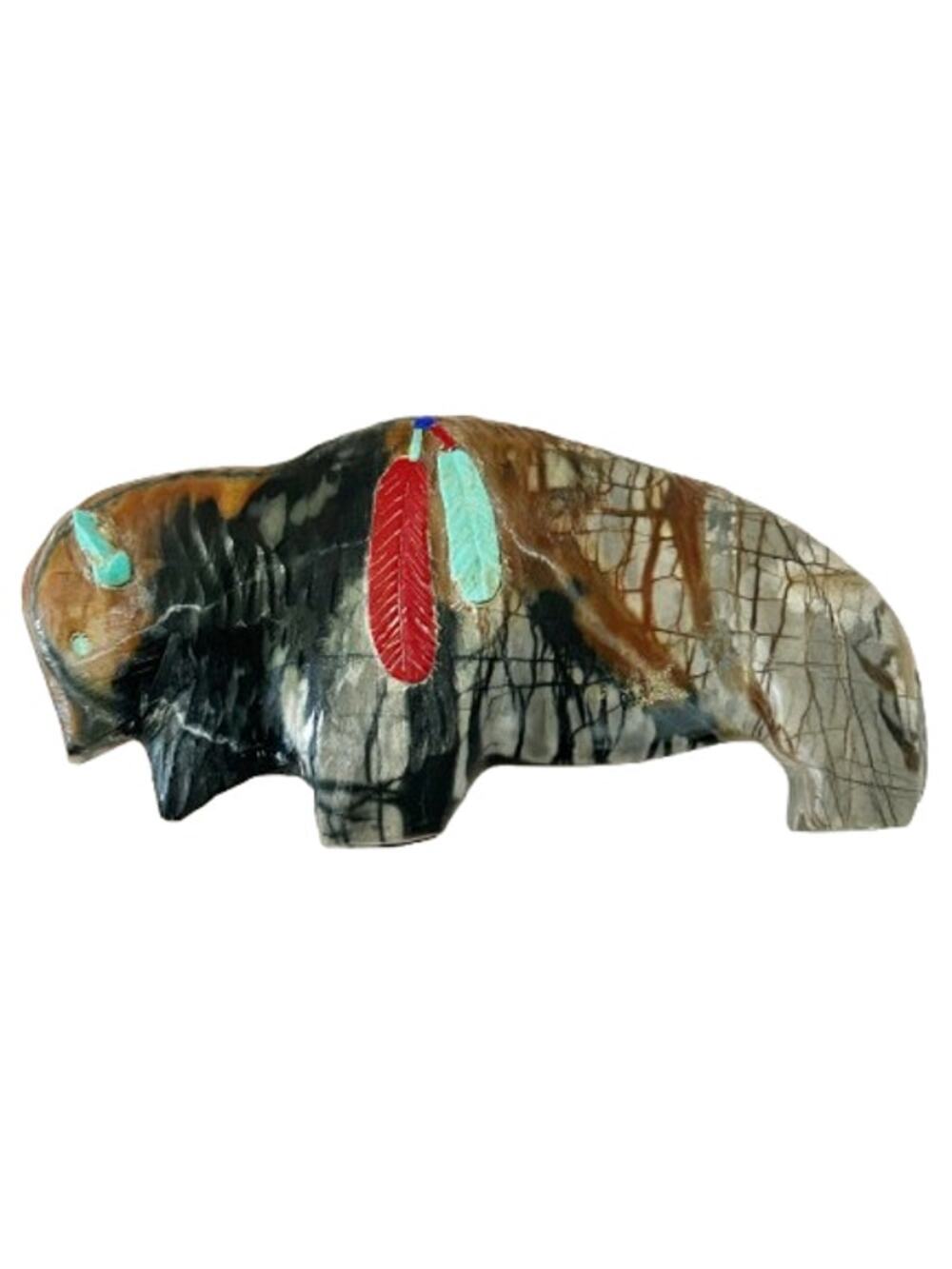 Carved Stone Buffalo Figurine 3.5 Inch Turquoise Inlaid Bison Statue